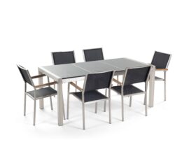 table-de-jardin-plateau-granit-gris-poli-180-cm-6-chaises-noires