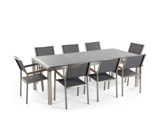 Table de jardin plateau granit gris poli 220 cm 8 chaises grises