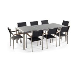 table-de-jardin-plateau-granit-gris-poli-220-cm-8-chaises-noires