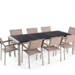 Table de jardin plateau granit noir 220 cm 8 chaises beiges Table de jardin plateau granit noir 220 cm 8 chaises beiges