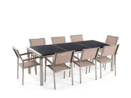 table-de-jardin-plateau-granit-noir-220-cm-8-chaises-beiges