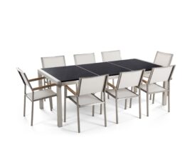 table-de-jardin-plateau-granit-noir-220-cm-8-chaises-blanches