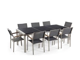 table-de-jardin-plateau-granit-noir-220-cm-8-chaises-grises