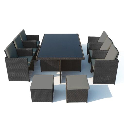 Table et chaises 10 places encastrables en résine noir/gris