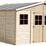 TIMBELA Abri de Jardin en Bois Naturel - Stockage extérieur avec fenêtres- H246 x 418 x 420 cm/ 16 m²- Hangar en Bois Naturel - Atelier Rangement Outils et vélos M330