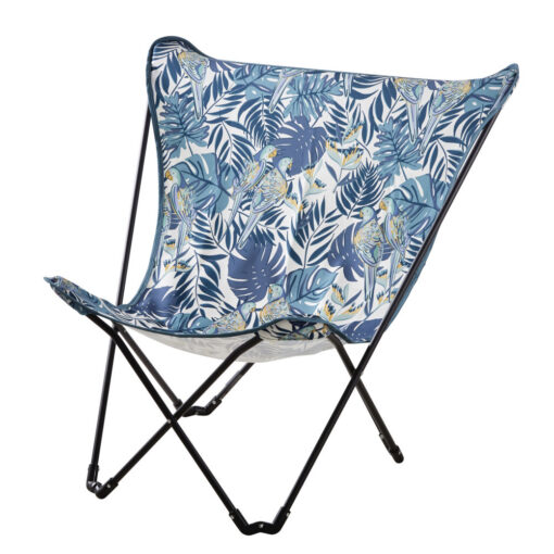 Fauteuil papillon de jardin pliant en métal noir et toile bleue imprimée