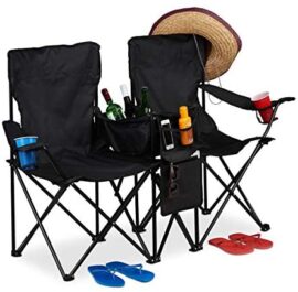 relaxdays Chaise de Camping Double, Fauteuil de Jardin 2, Pliable, Glacière, Rangement Porte-Boissons, Noir