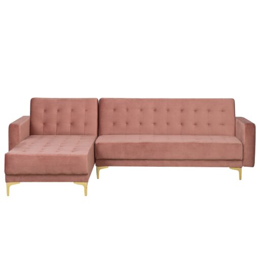 Canapé angle droite convertible en velours rose 4 places