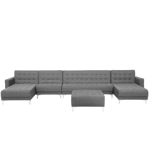 Canapé panoramique convertible en tissu gris clair 6 places avec pouf