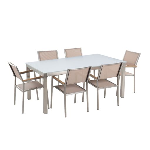 Ensemble de jardin table en verre blanc 6 chaises beiges