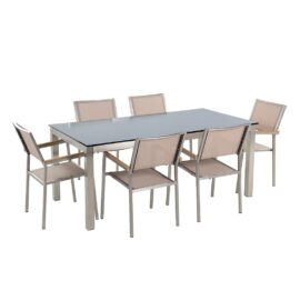 Ensemble de jardin table en verre noire 6 chaises beiges Ensemble de jardin table en verre noire 6 chaises beiges