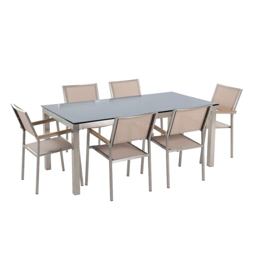 Ensemble de jardin table en verre noire 6 chaises beiges