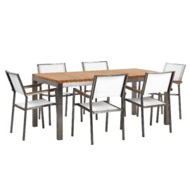 Ensemble table en bois teck avec 6 chaises blanches Ensemble table en bois teck avec 6 chaises blanches