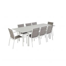 Ensemble table extensible et chaises 8 places blanc/taupe Ensemble table extensible et chaises 8 places blanc/taupe