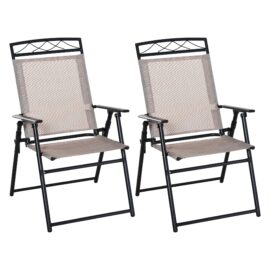 Lot de 2 chaises de jardin pliantes accoudoirs métal textilène beige Lot de 2 chaises de jardin pliantes accoudoirs métal textilène beige