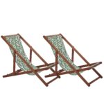 Lot de 2 chiliennes en bois foncé et tissu feuillage blanc / vert Lot de 2 chiliennes en bois foncé et tissu feuillage blanc / vert