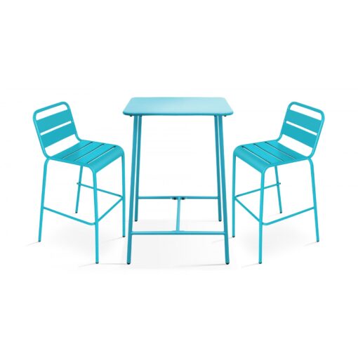 Table de bar et 2 chaises hautes 2 places en acier bleu