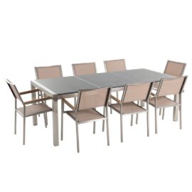 table-de-jardin-plateau-granit-gris-poli-220-cm-8-chaises-beiges