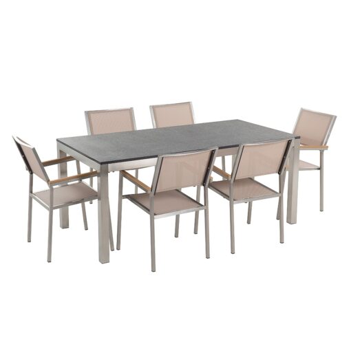 Table de jardin plateau granit noir 180 cm 6 chaises textile beige