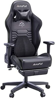 Autofull Chaise Gaming Fauteuil Gamer Ergonomique Chaise Gamer Cuir PU Chaise De Bureau, Hauteur D'assise et Inclinaison du Dossier Réglables,Appui-tête et Support lombair, Repose-Pieds,Noir