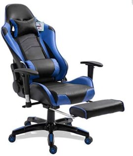 Blackpoolal Gaming Chair Chaise de bureau avec repose-pieds, chaise de bureau pivotante avec appuie-tête, coussin lombaire réglable en hauteur, ergonomique, capacité de charge 150 kg (Blue)