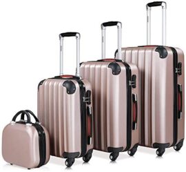 Set de 4 valises rigides M/L/XL et Vanity Rose-Or Coque ABS Ensemble Bagages - Pieds antidérapants 2 poignées 4 roulettes Compartiments - Malle Voyage