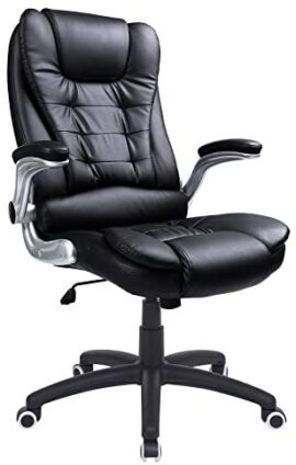 Songmics Fauteuil de Bureau à Dossier Haut, avec Appui-tête, Assise rembourrée, Accoudoirs Pliables, Ergonomique, Noir OBG51B, Nero, 77 x 33 x 65 cm