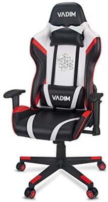 VADIM Chaise de Bureau Gaming Rouge et Blanche, Chaise Fauteuil de Bureau Racing Sport Ergonomique, Siège Gamer Dossier inclinable à 155°, Hauteur Réglable, PU pour PC Joueur