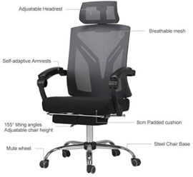 Hbada Chaise de Bureau en Maille Respirante, Fauteuil d’Ordinateur Ergonomique, Siège Pivotant avec Dossier Inclinable à 155°, Rotation à 360°, Appui-Tête et Hauteur Réglables, Noir(avec Repose-Pied) Hbada Chaise de Bureau en Maille Respirante, Fauteuil d’Ordinateur Ergonomique, Siège Pivotant avec Dossier Inclinable à 155°, Rotation à 360°, Appui-Tête et Hauteur Réglables, Noir(avec Repose-Pied) 7