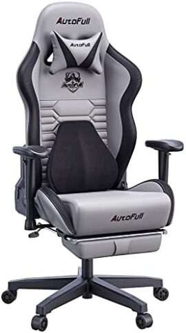 Autofull Chaise Gaming Fauteuil Gamer Ergonomique Chaise Gamer Cuir PU Chaise De Bureau, Hauteur D'assise et Inclinaison du Dossier Réglables,Appui-tête et Support lombair, Repose-Pieds,Gris