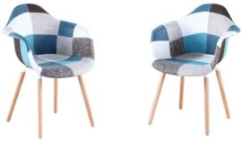 Lot de 2/4/6 chaises de salle à manger style moderne en lin patchwork avec pieds en hêtre massif pour chambre à coucher, cuisine, salon (bleu, 2)