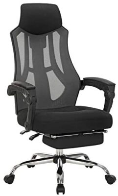 SONGMICS Fauteuil de bureau, Chaise ergonomique, Siège pivotant, toile respirante, appui-tête, repose-pied, hauteur réglable, inclinaison 135°, charge 120 kg, Noir et Gris Foncé OBN056B01