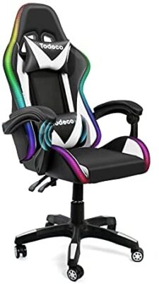 Todeco Chaise Gaming Massage avec Lumière LED Fauteuil de Bureau Pivotant Ergonomique Dossier Haut Dossier et Hauteur de Siège Règlable Chaise Gamer avec Appui-Tête Massage Support Lombaire, Blanc