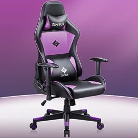 Zimous Chaise Gaming Ergonomique Fauteuil de Bureau Gamer 160kg de Siège Gaming en Cuir PU avec Massage Lombaire Chaise de Bureau Gaming avec Appui-tête Accoudoir Réglable (Noir et Violet)