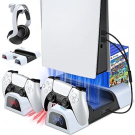 Buluri Support Multifonctionnel PS5 avec Ventilateur de Refroidissement et Station de Charge à Double contrôleur avec 10 emplacements de Jeu pour Console Playstation 5 et édition numérique