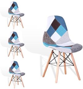 EGOONM Lot de 4 Chaise de Salle à Manger Multicolor Patchwork,Chaises en Tissu de Lin Loisirs Salon,Chaises avec Dossier à Coussin Souple (Bleu)