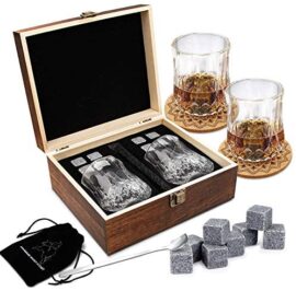 Ensemble de Verres à Whisky - Coffret Cadeau Bois - 8 Glaçons en Pierre Réutilisables - Lot de 2 Verres Cristal à Bar pour Homme & Femme - 2 Dessous-Verres - Idée Cadeau pour Tous Festivals.