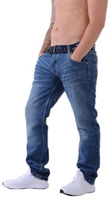 Hommes Crosshatch Techno Jeans Délavé Foncé Ciselé Pantalon Jeans Avec Ceinture Gratuite