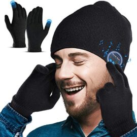 Lenski Homme Bonnet Bluetooth V5.0 avec Gants Tactiles, Idee Cadeau Homme Noel Original, Doux, pour faire du sport et de la marche, Unisexe, Noir, Taille Unique