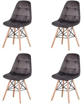 Mid-Century Lot de 4 chaises de cuisine modernes ergonomiques avec pieds en bois de hêtre pour salle à manger avec boucle pour le salon, la chambre à coucher (gris – tissu velours)