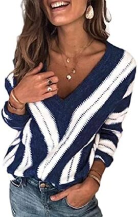 Minetom Pull Femme Automne Hiver Élégant Col V Col Rond Manches Longues Sweater Patchwork Blouse Chic Chaud Tricot Hauts Tunique Pullover Ample Sweater