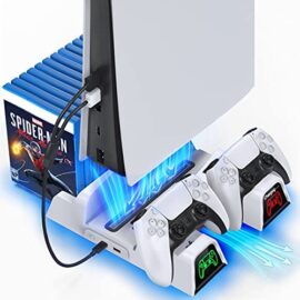 OIVO Support PS5 avec Ventilateur de Refroidissement pour Playstation 5, Chargeur Manette PS5 avec Indicateur LED, Station de Recharge PS5 avec Stockage 12 disques de Jeu