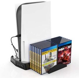 Support vertical pour contrôleurs PS5 avec ventilateur de refroidissement, avec deux ports de chargeur de contrôleur pour PlayStation 5 et DualSense et 14 emplacements de jeu rétractables