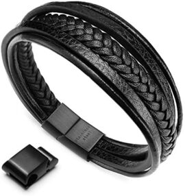 murtoo Homme Cuir Véritable Bracelet et Acier Inoxydable Bracelet Multi Tissé Réglable Noir ou Marron Cuir Bracelet pour Les Hommes