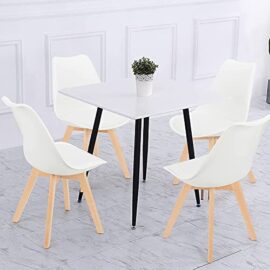 Lot de 4 chaises tulipe de salle à manger, cuisine, bar, assise avec pieds en bois de hêtre, bureau, blanc Lot de 4 chaises tulipe de salle à manger, cuisine, bar, assise avec pieds en bois de hêtre, bureau, blanc 3