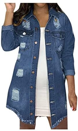 Dasongff Veste en Jean Déchiré Longues Outwear Denim Veste Jean Femmes Section Moyenne Longue Col Rabattu Cardigan Manches Longues en Denim Manteau Tendance Tops Coupe Vent avec Poche Dasongff Veste en Jean Déchiré Longues Outwear Denim Veste Jean Femmes Section Moyenne Longue Col Rabattu Cardigan Manches Longues en Denim Manteau Tendance Tops Coupe Vent avec Poche