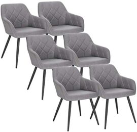 EUGAD Lot de 6 Chaises Salle à Manger Design Rétro Assise en Lin Pieds en Métal Gris Clair Chaises de Cuisine 0641BY-6