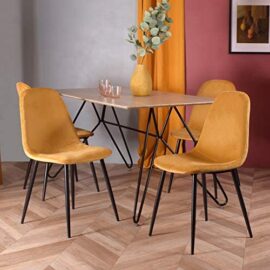 Furnish 1 Lot de 4 Chaises Scandinave Fauteuil Industriel Velours Jaune Pied Métal Salle à Manger Cuisine Salon Bureau Chambre Travail à Distance Chaise de Bureau