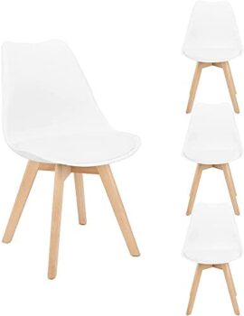 Lot de 4 chaises tulipe de salle à manger, cuisine, bar, assise avec pieds en bois de hêtre, bureau, blanc Lot de 4 chaises tulipe de salle à manger, cuisine, bar, assise avec pieds en bois de hêtre, bureau, blanc