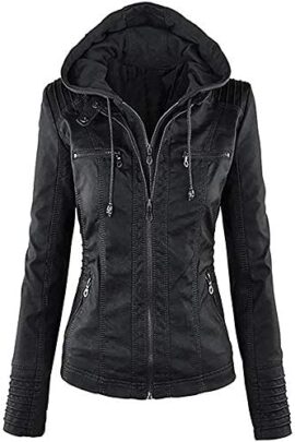 Seamido Blousons Femme Veste Cuir Femme Blouson Femme Simili Cuir (Chapeau détachable)